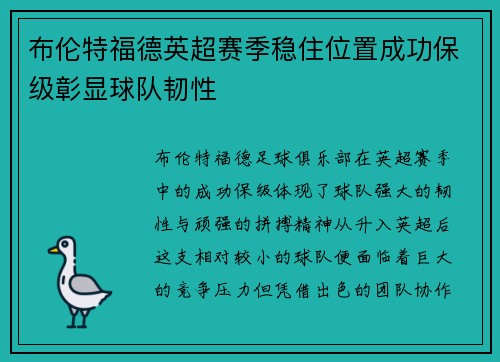 布伦特福德英超赛季稳住位置成功保级彰显球队韧性 布伦特福德英超赛季稳住位置成功保级彰显球队韧性